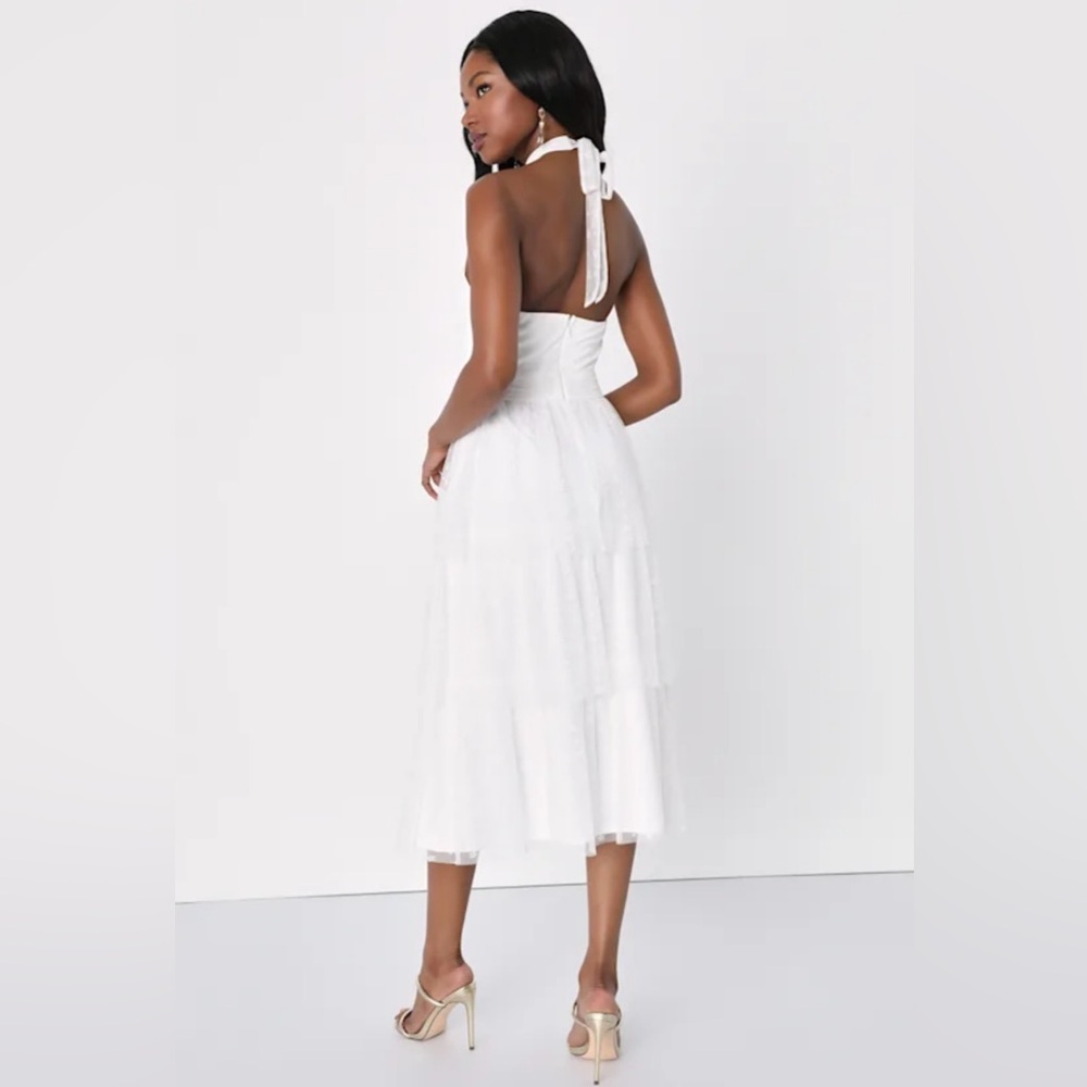 LULUS Positively Precious White Floral Mesh Tiered Halter Midi Dress A-line - Picture 2 of 10